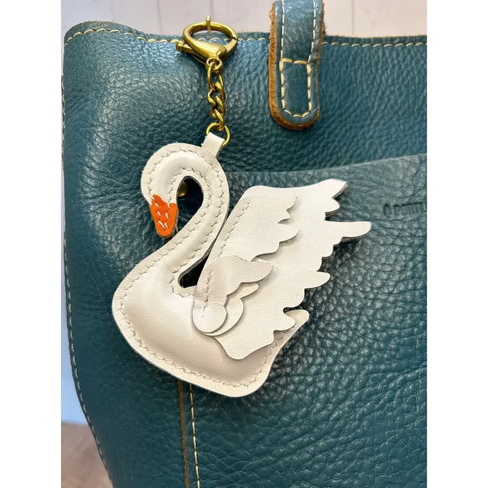 Genuine Leather White Swan Beautiful Purse Charm Boho White Swans Bag Charm